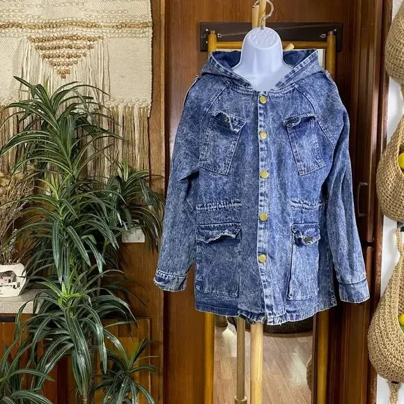 Vintage 90s Hooded Denim Jacket M/L | Stonewash Snap Front Festival Jacket Layer - Picture 1 of 16